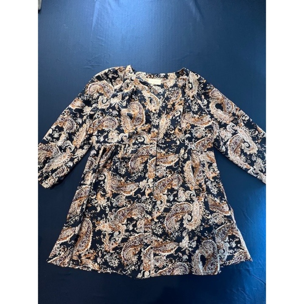 Melloday Paisley Tunic Top Womens Size S Navy Blue Boho Empire Waist Long Sleeve